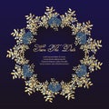 wedding cards Flower frame of roses - greeting card. navy blue and gold concept. Vector illustration.